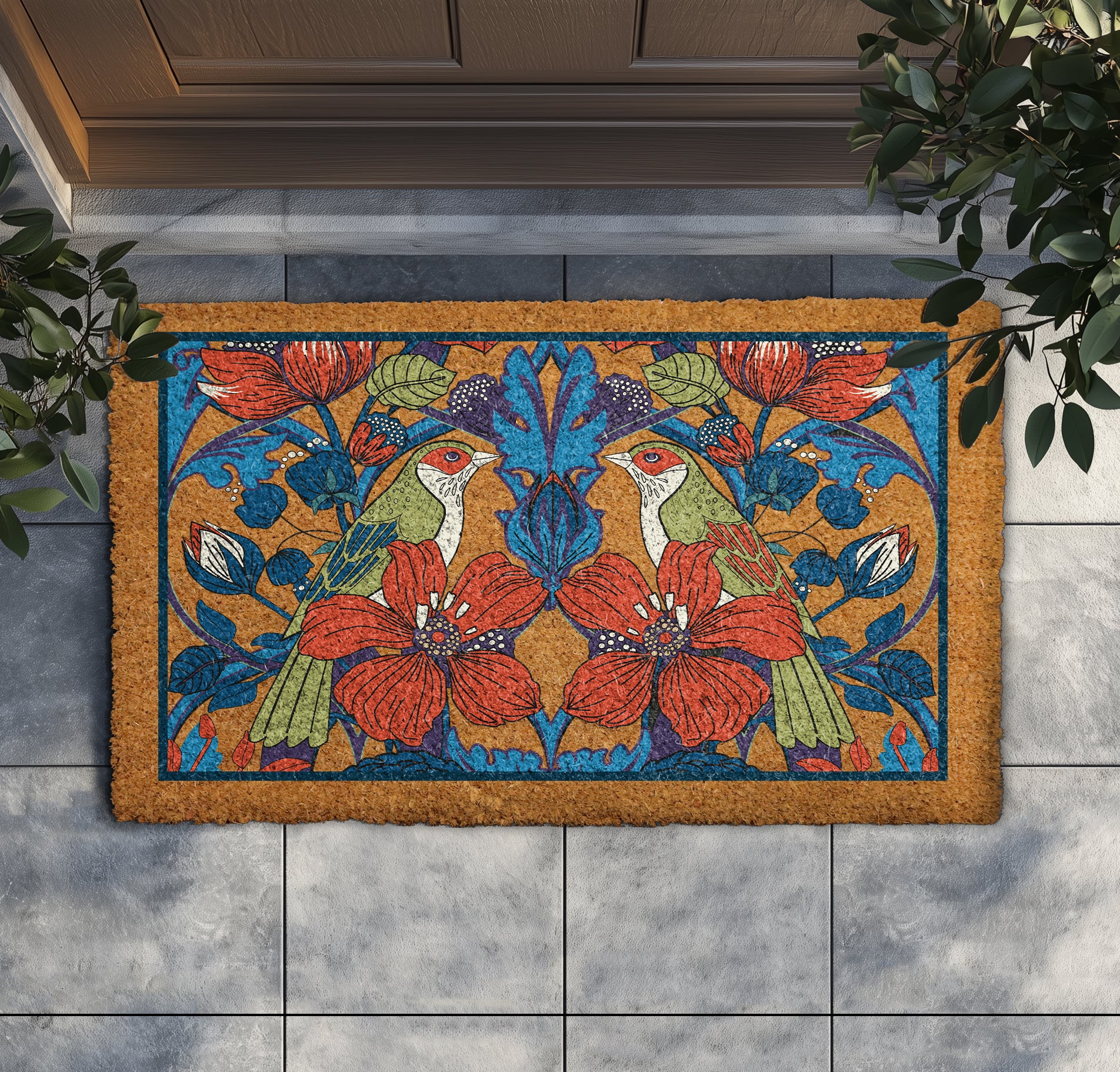 Elegant Bird and Floral Welcome Mat, Nature-Inspired Front Door Rug