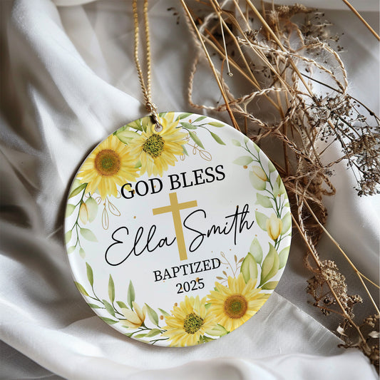 Custom Baptism Ornament, Personalized God Bless Gift, Sunflower Christening Keepsake