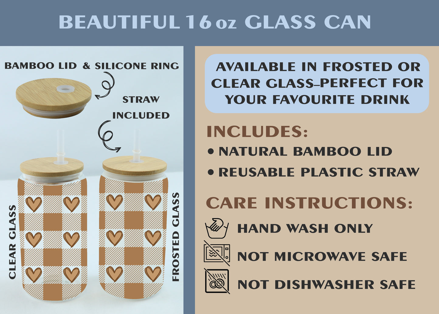 Heart Plaid Glass Tumblers, Aesthetic Drinkware for Iced Coffee