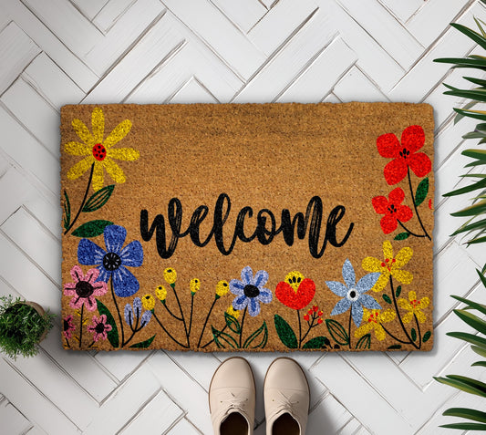 Vibrant Floral Welcome Doormat, Spring Garden Decor, Cute Housewarming Gift