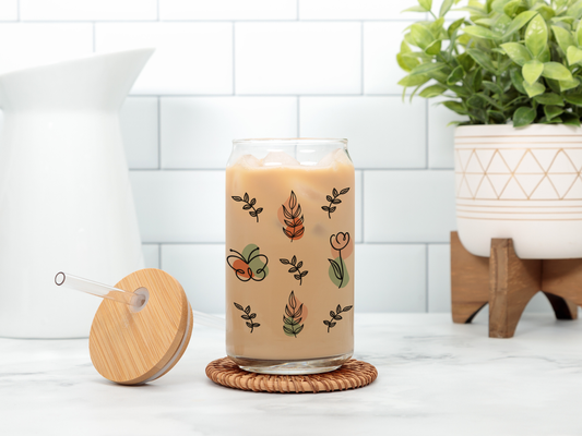 Chic Butterfly, Minimalist Floral Can Glass, Boho Botanical Mug