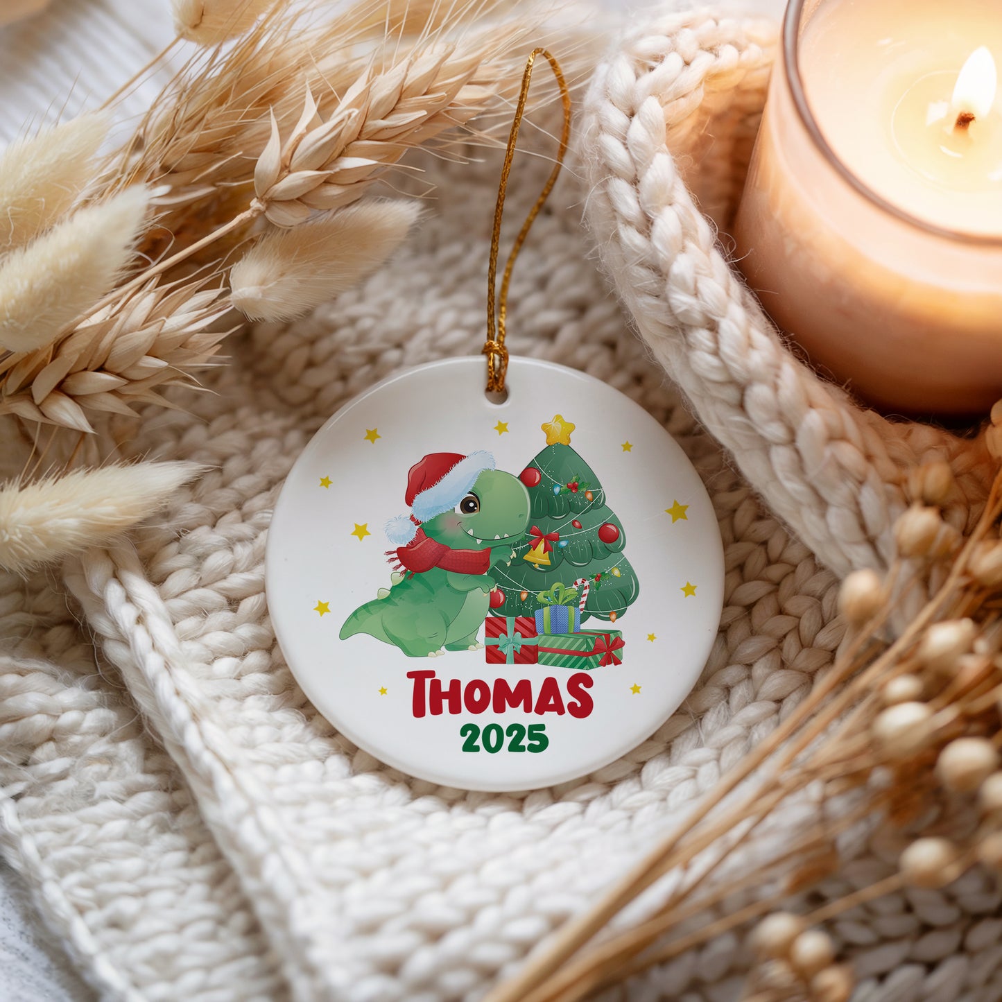Personalized Dinosaur Baby Boy Christmas Ornament, Ceramic Hanging Tree Decor
