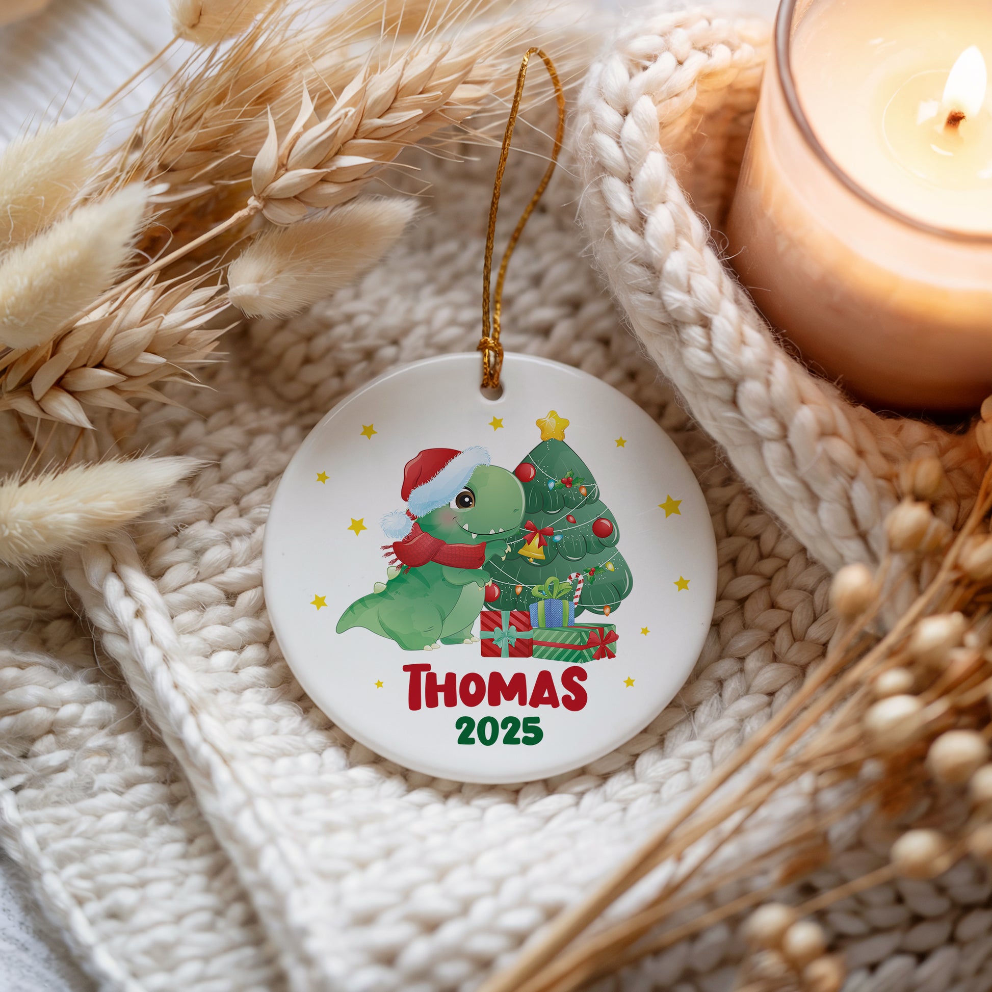 Personalized Dinosaur Baby Boy Christmas Ornament, Ceramic Hanging Tree Decor