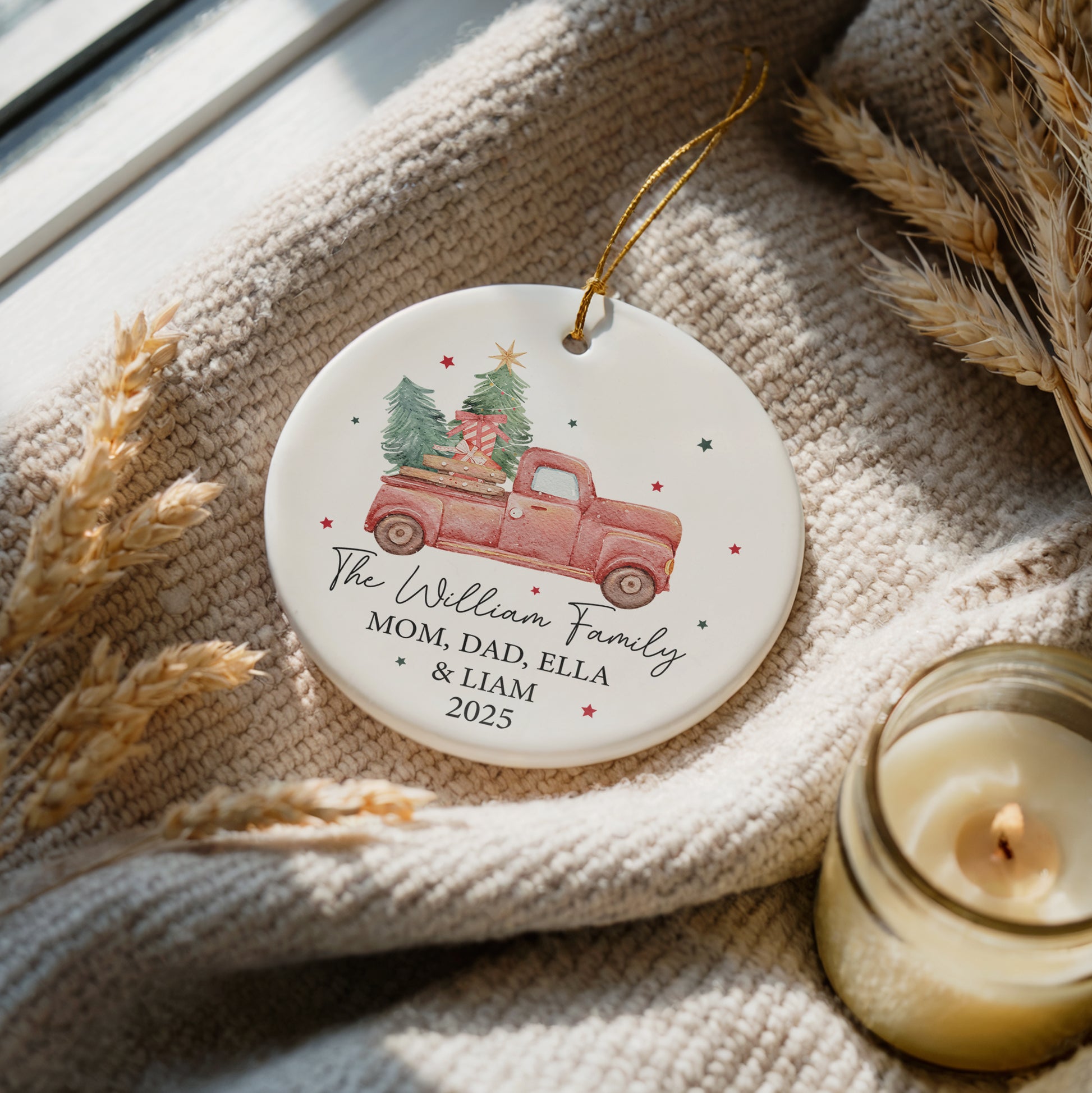 Personalized Ceramic Family Christmas Ornament, Car with Tree Hanging Decor