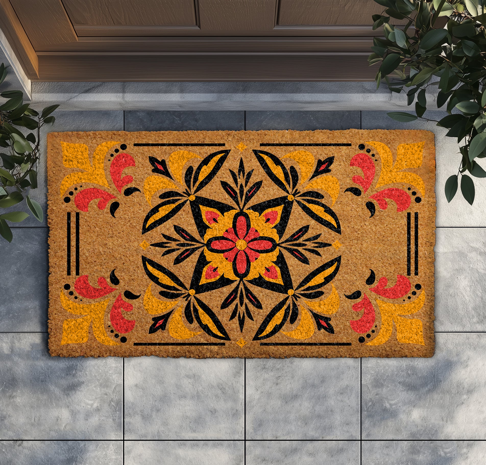 Bohemian Coir Mat: Moroccan Tile Doormat with Ornate Mediterranean Flair