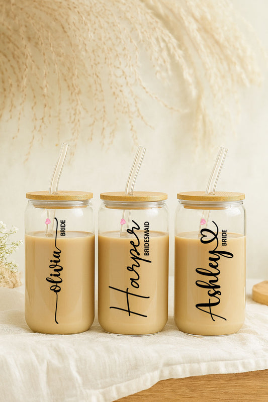 Personalized Bride & Bridesmaids Glass Tumblers, Matching Bachelorette Sipper Cups