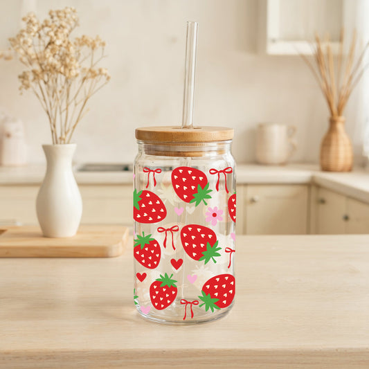 Strawberry Can Glass, Cute Coquette Bow Iced Coffee Cup, Aesthetic Strawberry Drink Glass, Fruit Themed Drinkware, Reusable Smoothie Glass