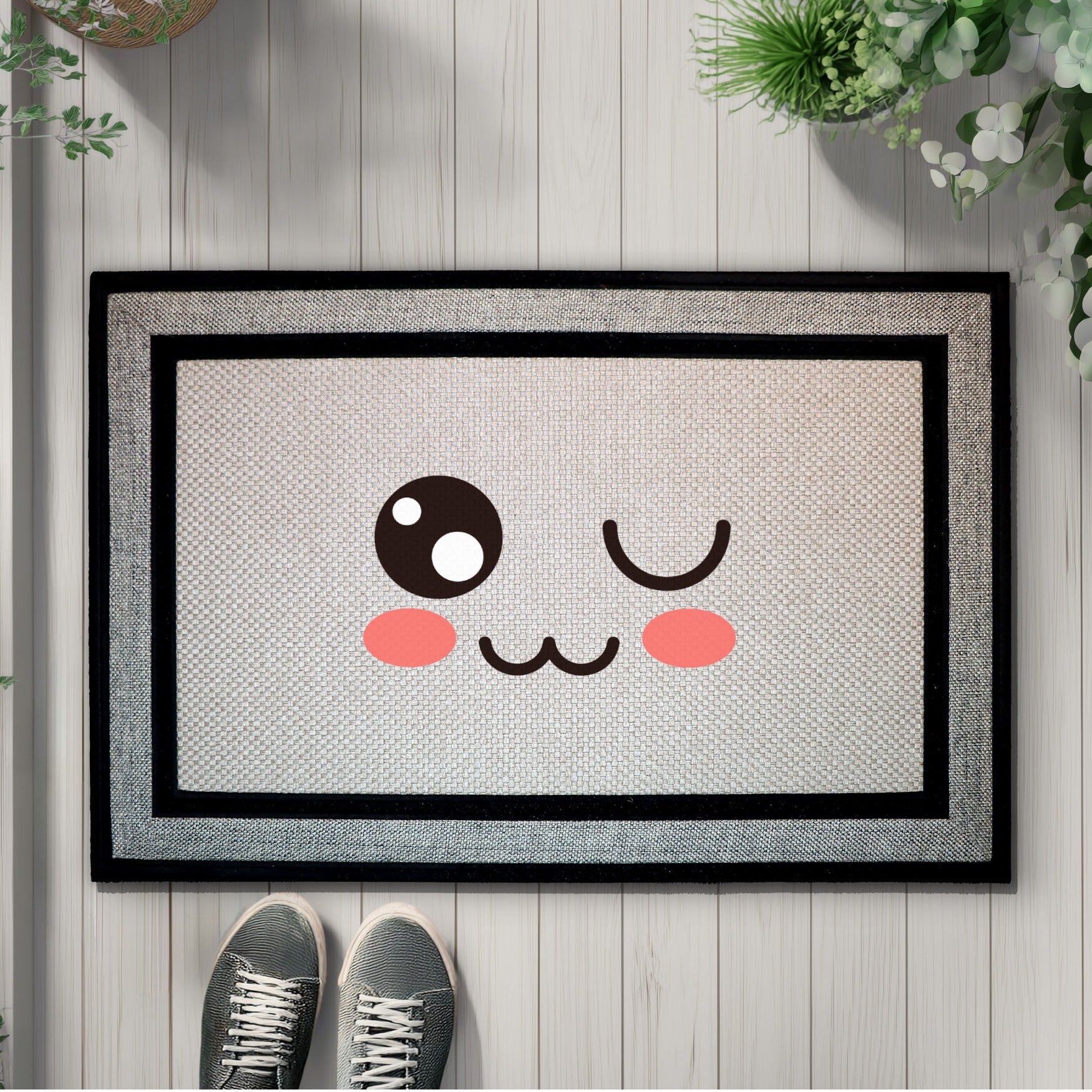Playful Winking Emoji Doormat, Kawaii Welcome Mat for Front Porch