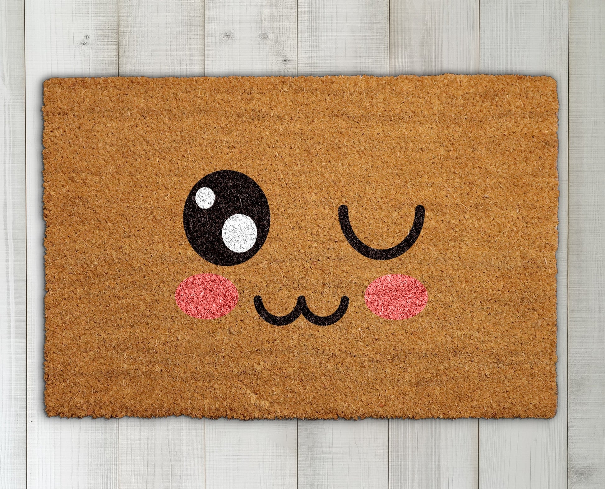 Playful Winking Emoji Doormat, Blush Cheeks Welcome Rug, Front Door Decor