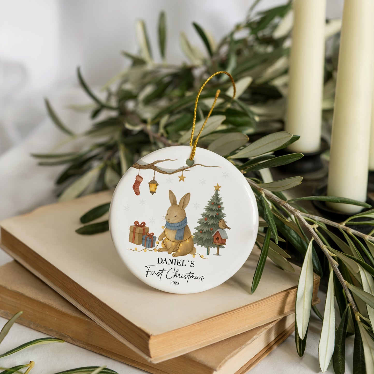 Personalized Baby's First Christmas Ornament, Bunny & Tree Theme.