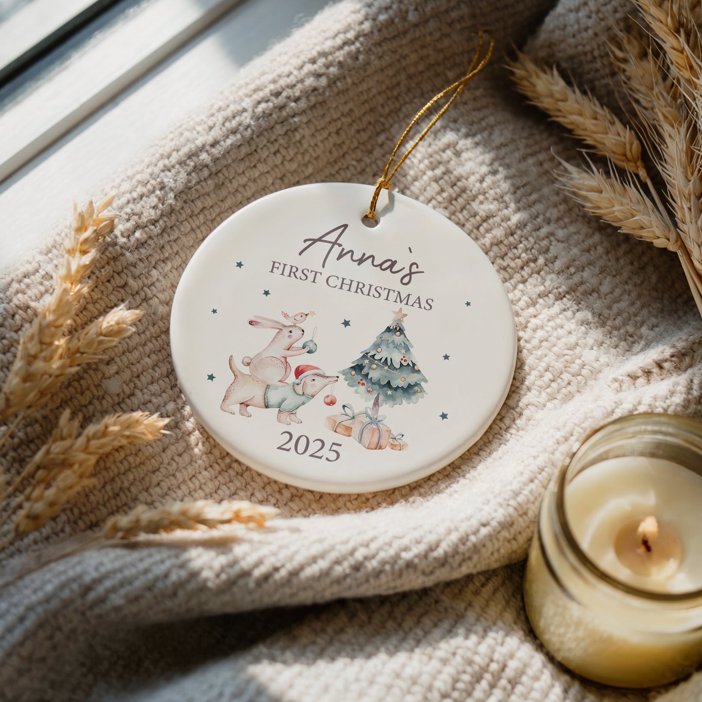 Adorable Custom Baby's 1st Christmas Ceramic Ornament, Animal Theme Decoration