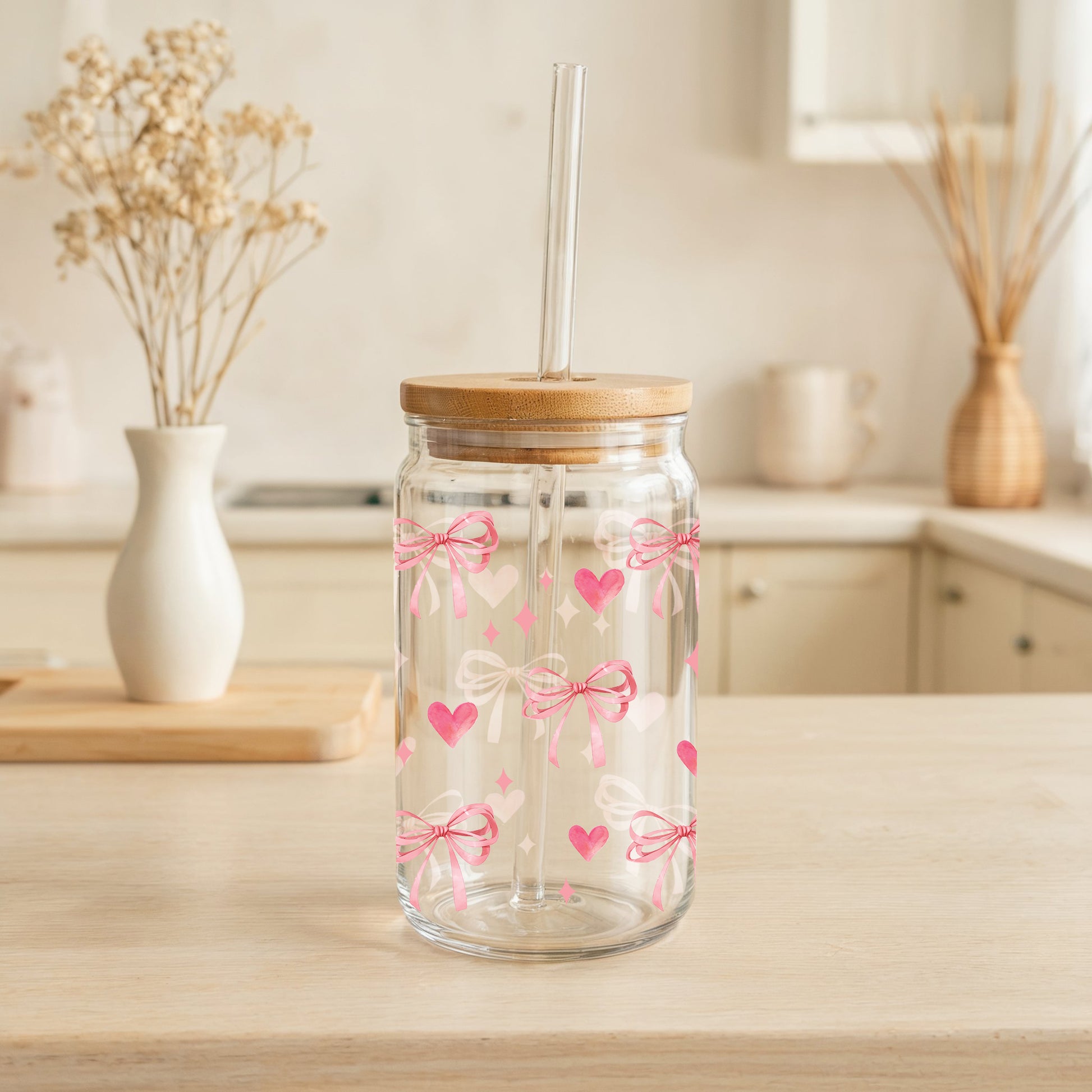 Coquette Bow Can Glass Tumbler, Girly Iced Coffee Cup, Cute Aesthetic Drinkware