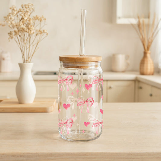 Coquette Bow Can Glass Tumbler, Girly Iced Coffee Cup, Cute Aesthetic Drinkware