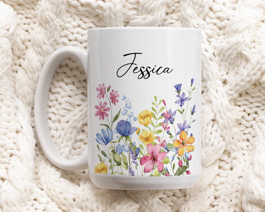 Personalized Wildflowers Ceramic Mug, Boho Gift For Her, Custom Tea Cup