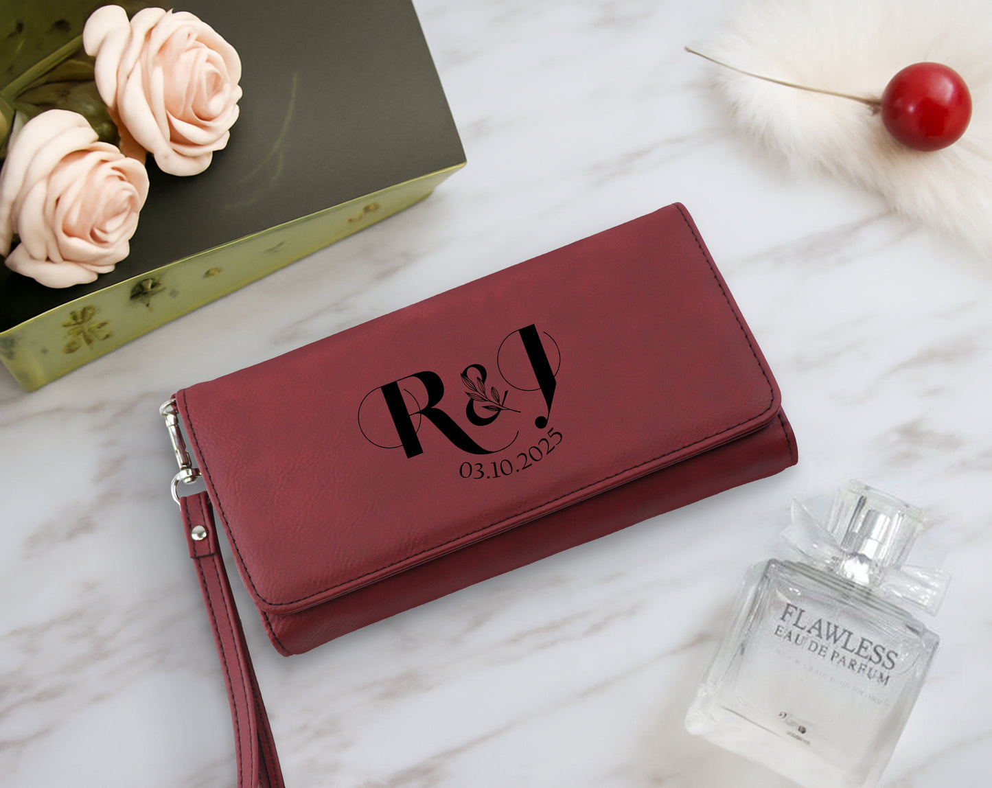 Engraved Vegan Leather Clutch, Custom Initial & Date Wristlet - Perfect Gift