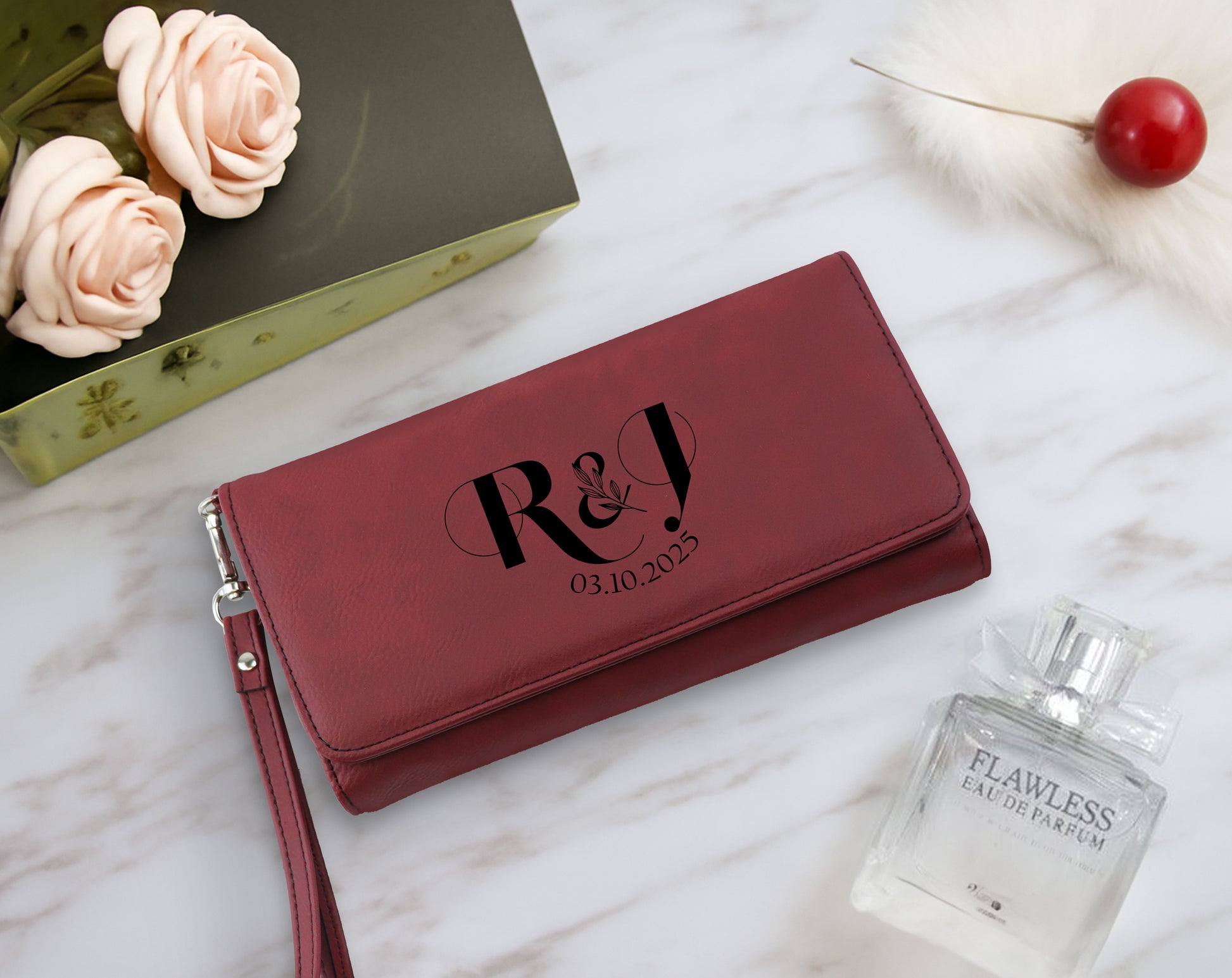 Engraved Vegan Leather Clutch, Custom Initial & Date Wristlet - Perfect Gift