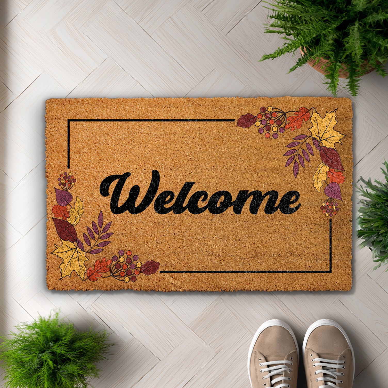 Fall Leaves Welcome Mat, Rustic Autumn Entryway Mat, Farmhouse Entry Rug