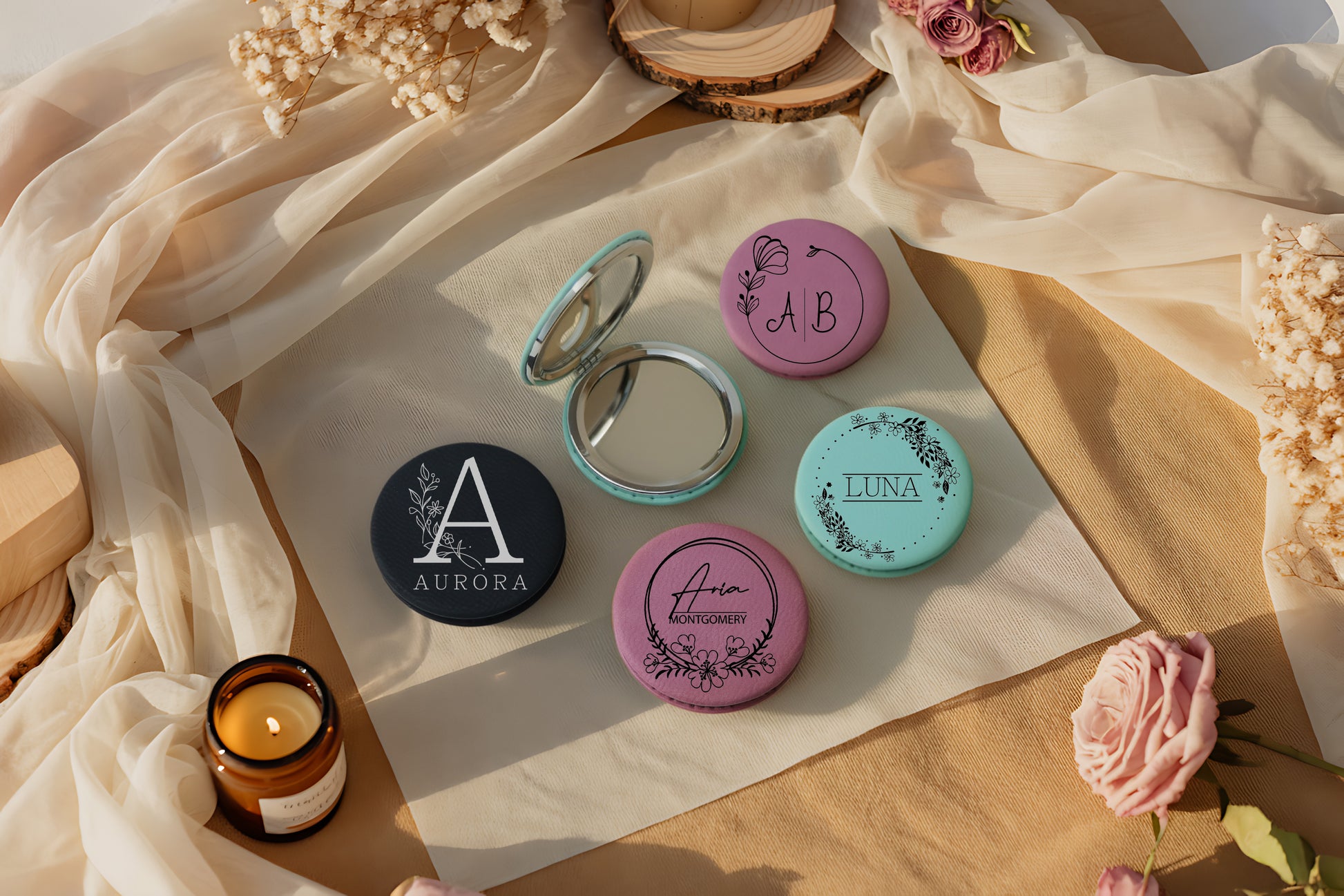 Personalized Leatherette Pocket Mirror, Stylish Border, Ideal Travel Gift For Her