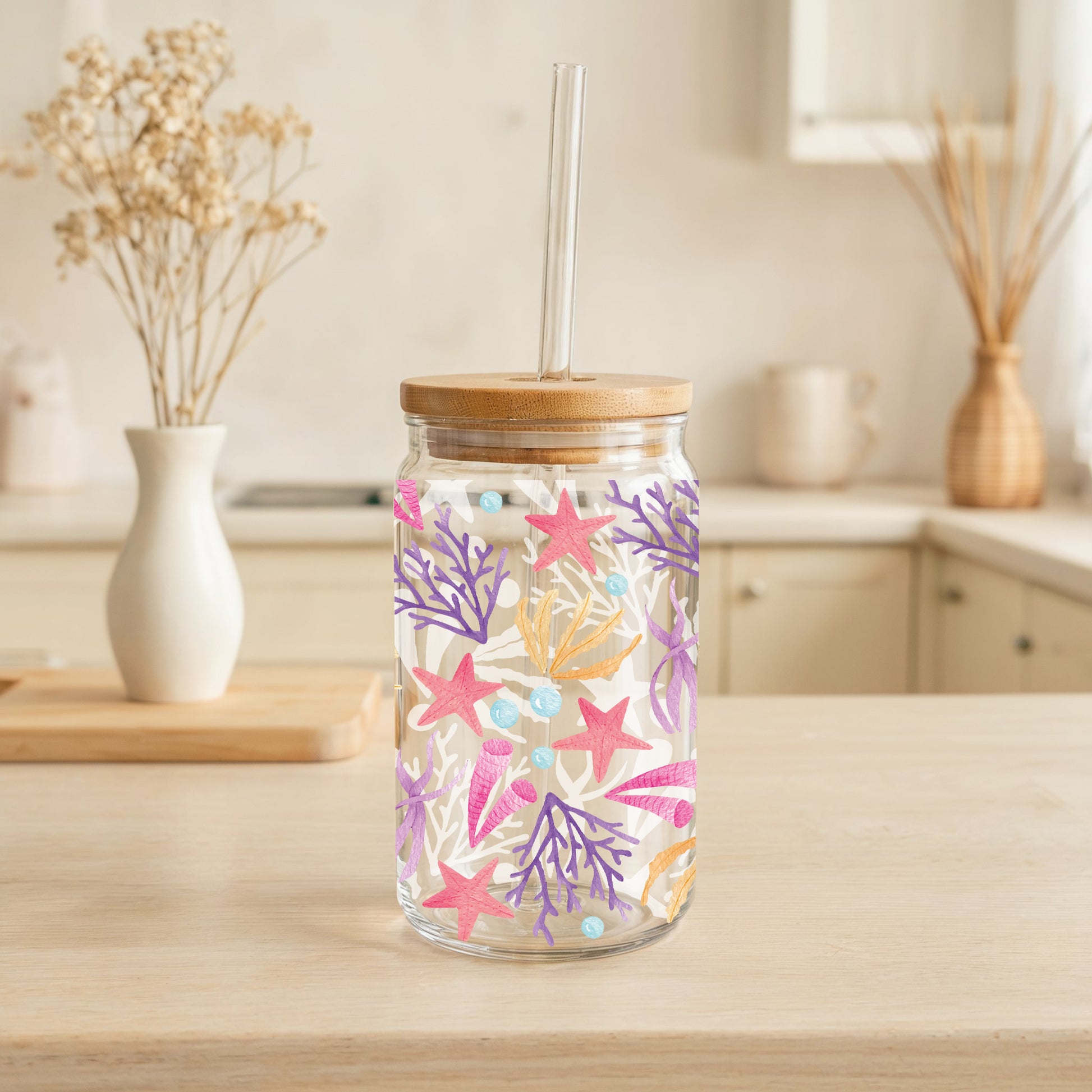 Seashells Glass Cup, Starfish Tumbler: Beach Trip Drinkware Vibes