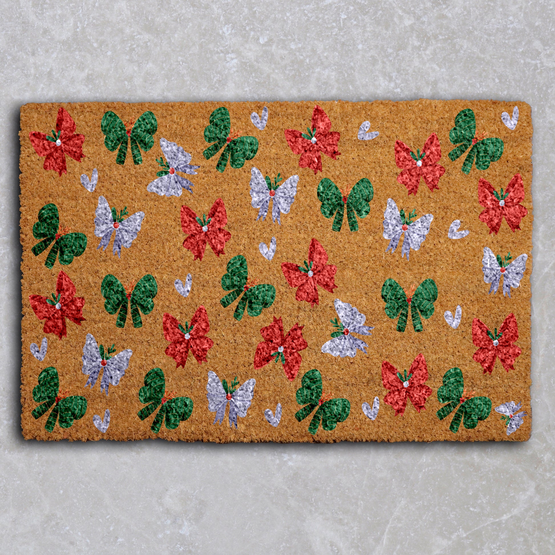 Festive Holiday Doormat with Christmas Wreath Bows and Ribbon
