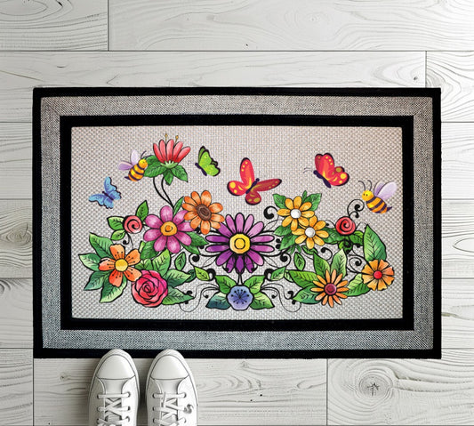 Vibrant Spring Porch Rug, Welcome Home with Colorful Garden Wildflowers