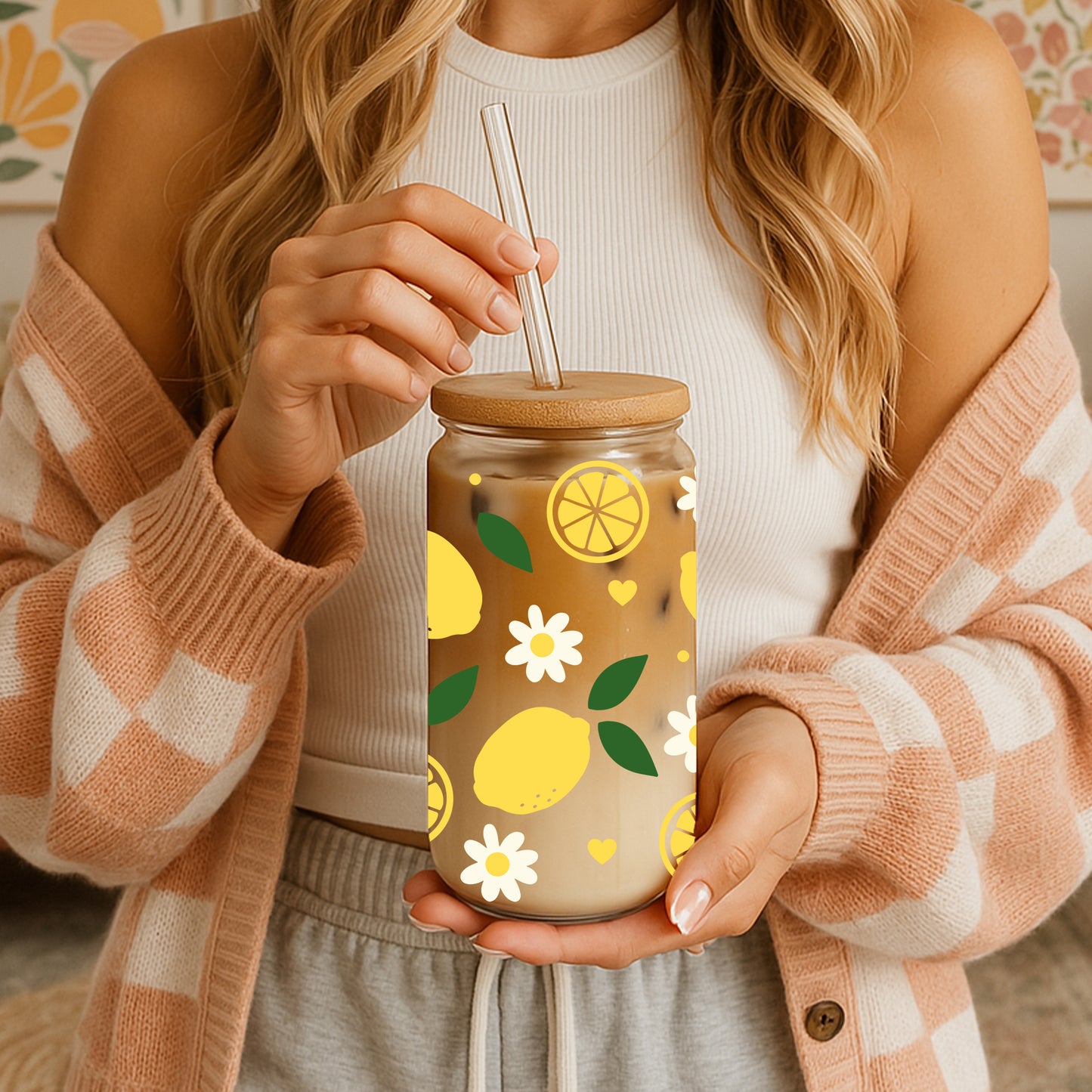 Lemon and Daisy Glass Cup, Vibrant Citrus Theme Tumbler, Kids Water Glass