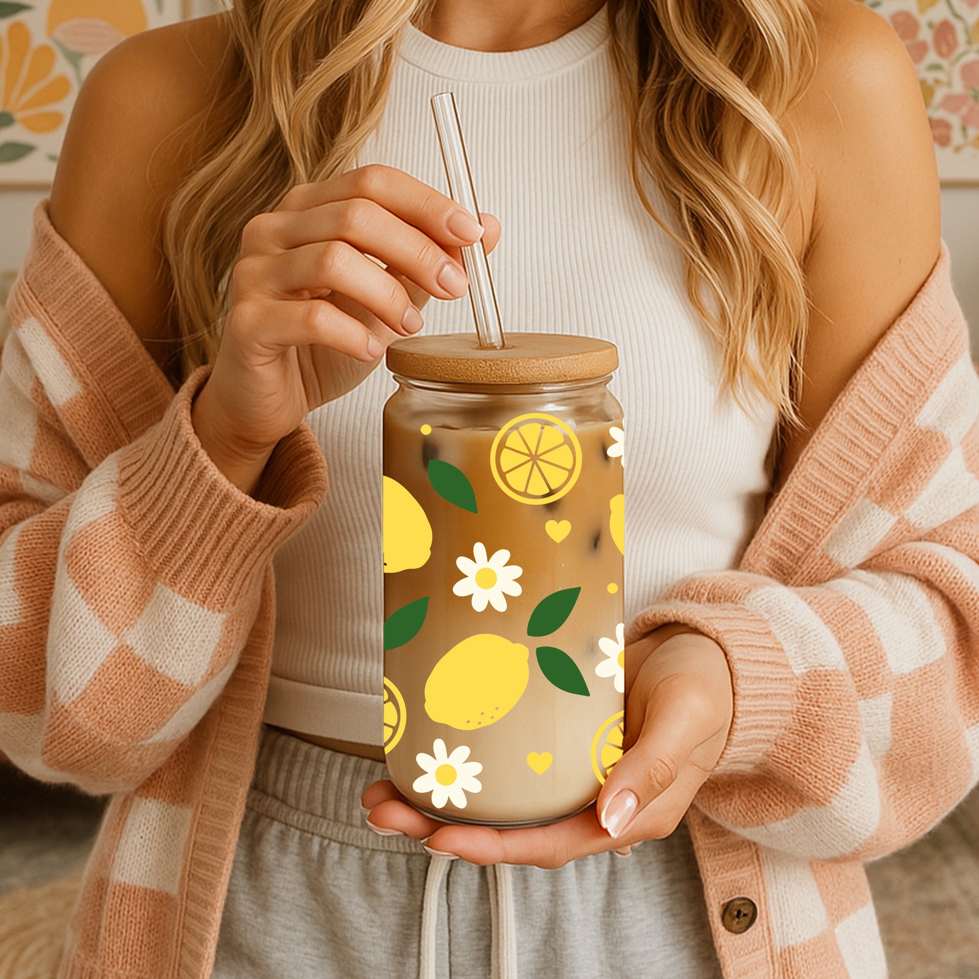 Lemon and Daisy Glass Cup, Vibrant Citrus Theme Tumbler, Kids Water Glass