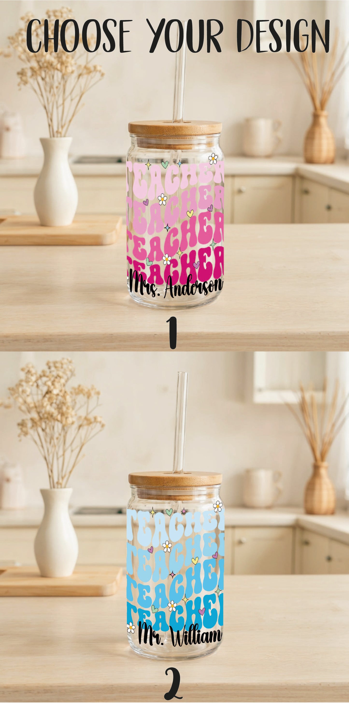 Floral Teacher Appreciation Glass Tumbler, Personalized with Teacher's Name