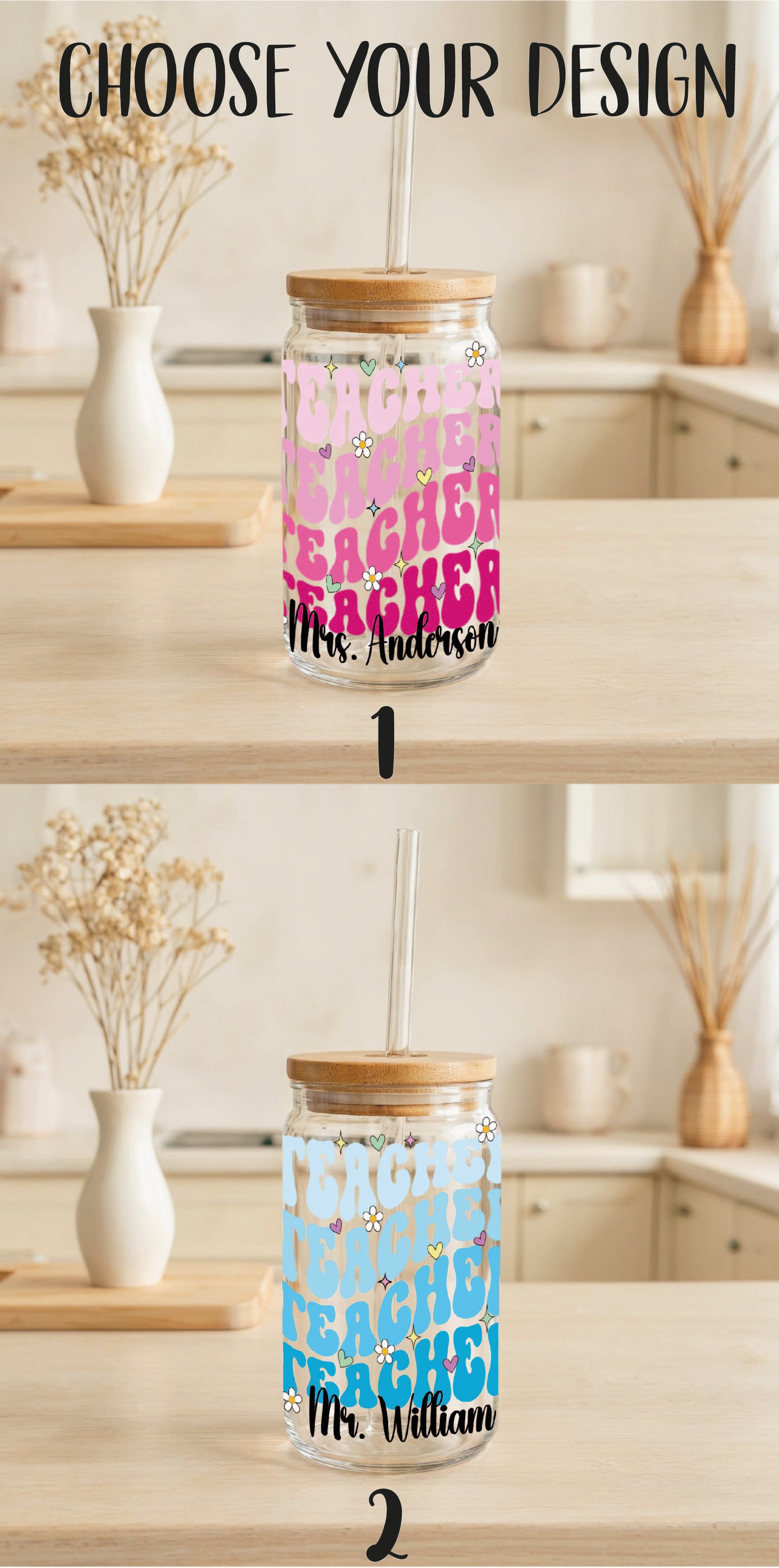 Floral Teacher Appreciation Glass Tumbler, Personalized with Teacher's Name