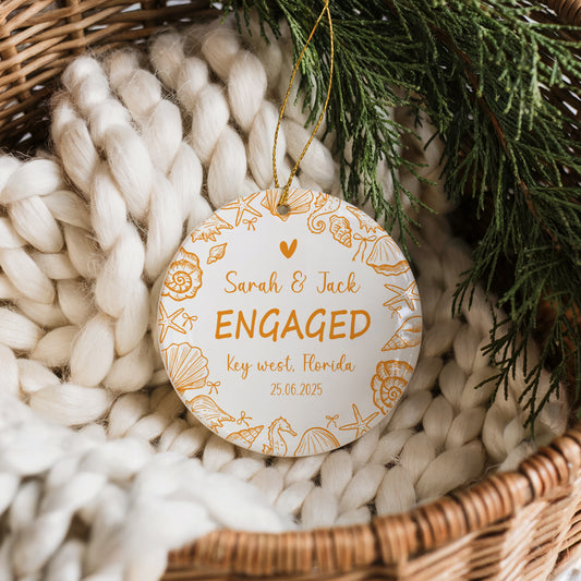 Personalized Coastal Design Engaged Ceramic Keepsake Ornament, Beach Souvenir