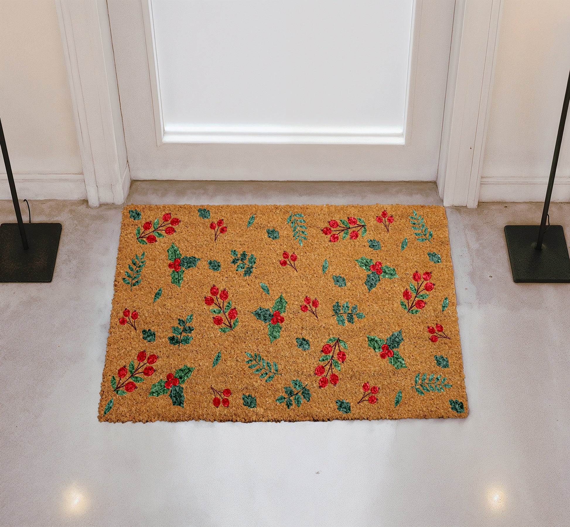Cozy Christmas Holly Berry Doormat, Festive Winter Welcome Mat