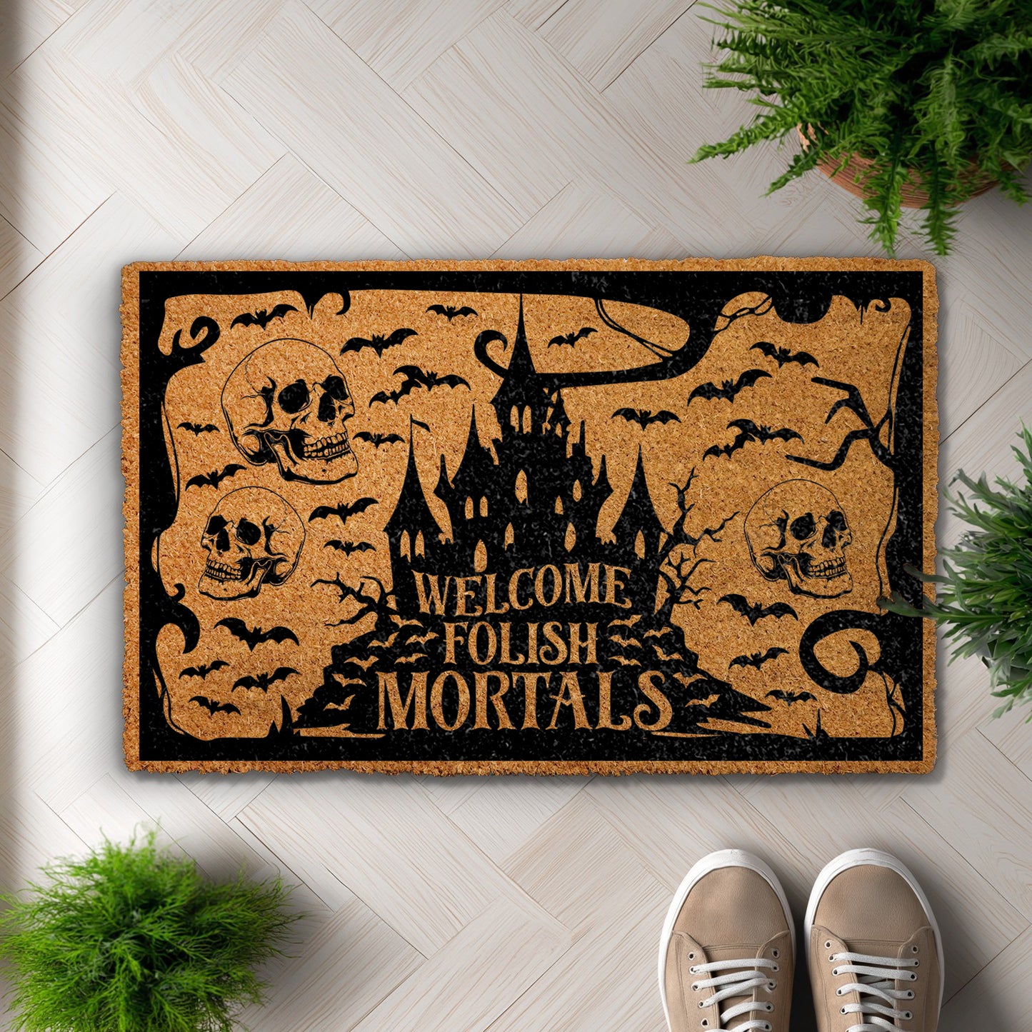 Spooky Bat and Skull Welcome Mat, Halloween Home Decor Essential