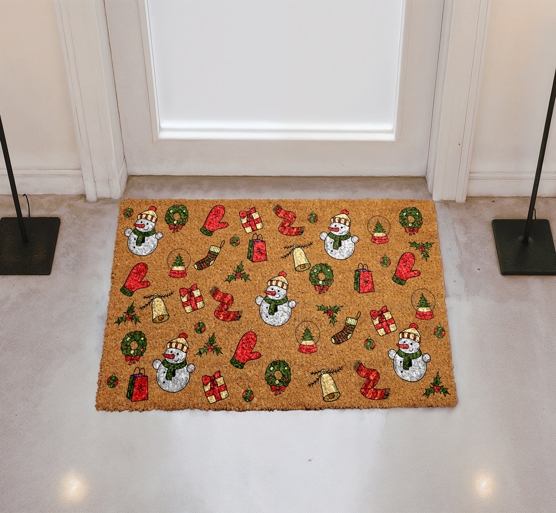 Winter Wonderland: Festive Snowman & Holiday Pattern Coir Doormat, Housewarming Gift
