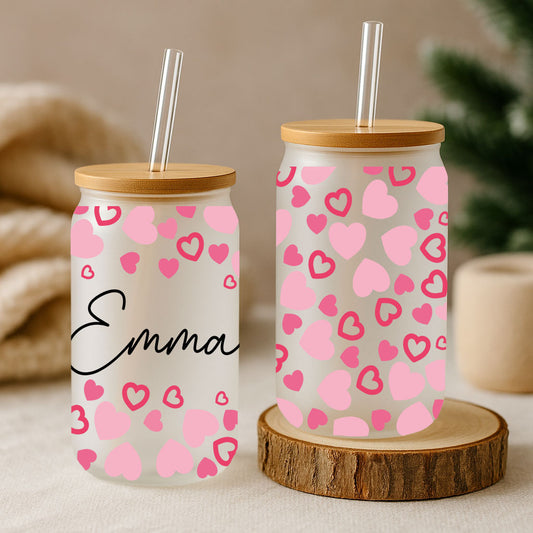 Pink Hearts Glass Tumbler, Personalized Matching Coffee Cups for Valentine's Day