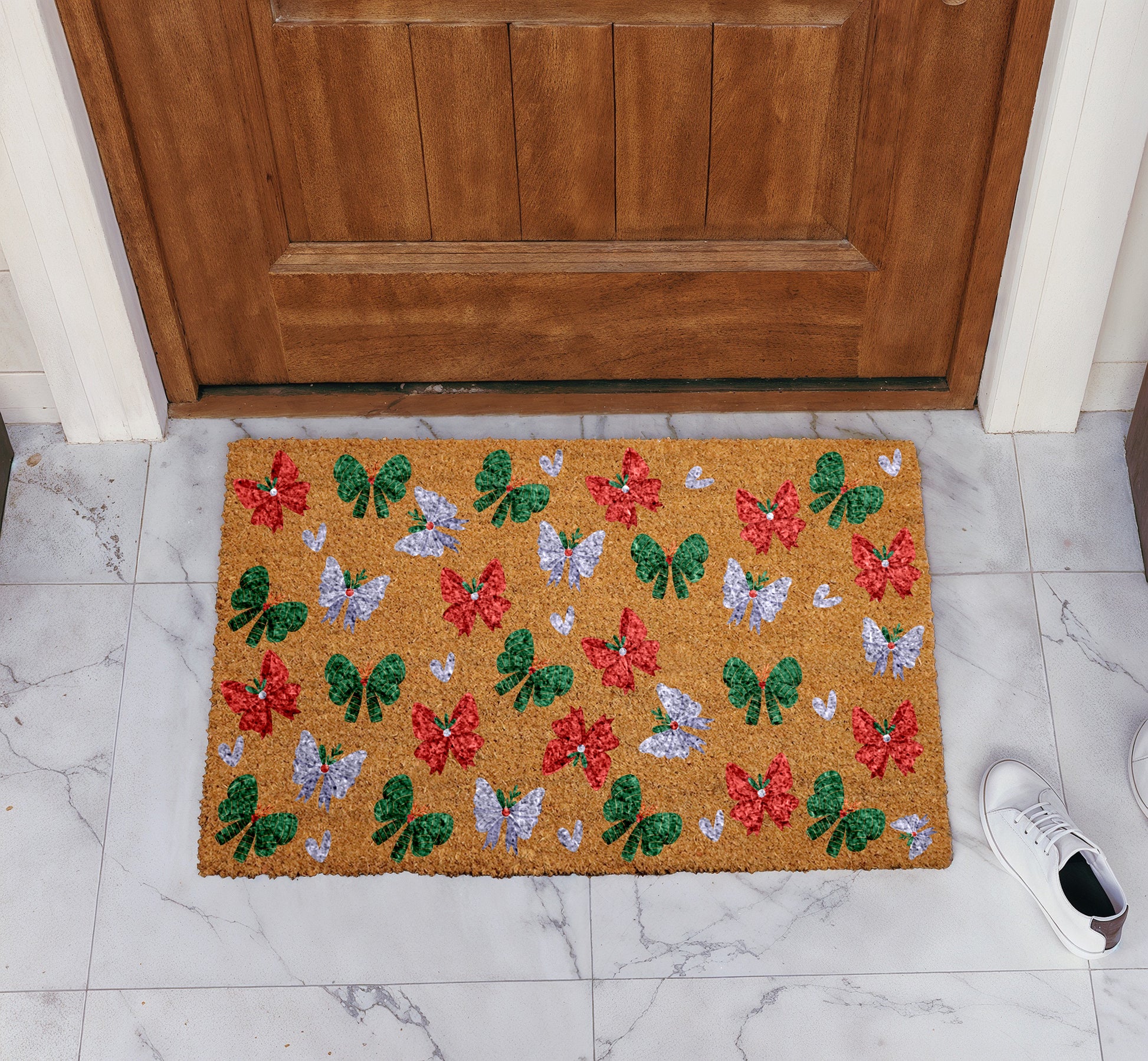 Festive Holiday Doormat with Christmas Wreath Bows and Ribbon