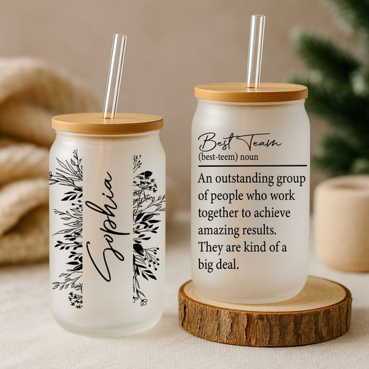 Floral Personalized Team Can Glass Tumbler, Motivation Iced Coffee Cup