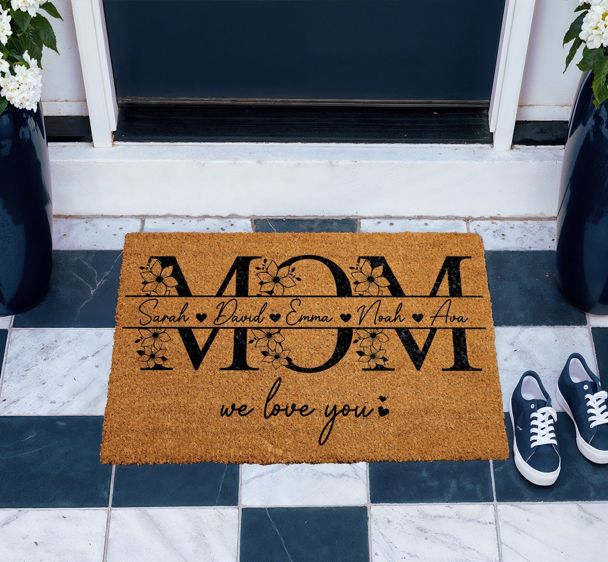Floral Mom Doormat, Custom Kids' Names Welcome Mat, Mother's Day Gift