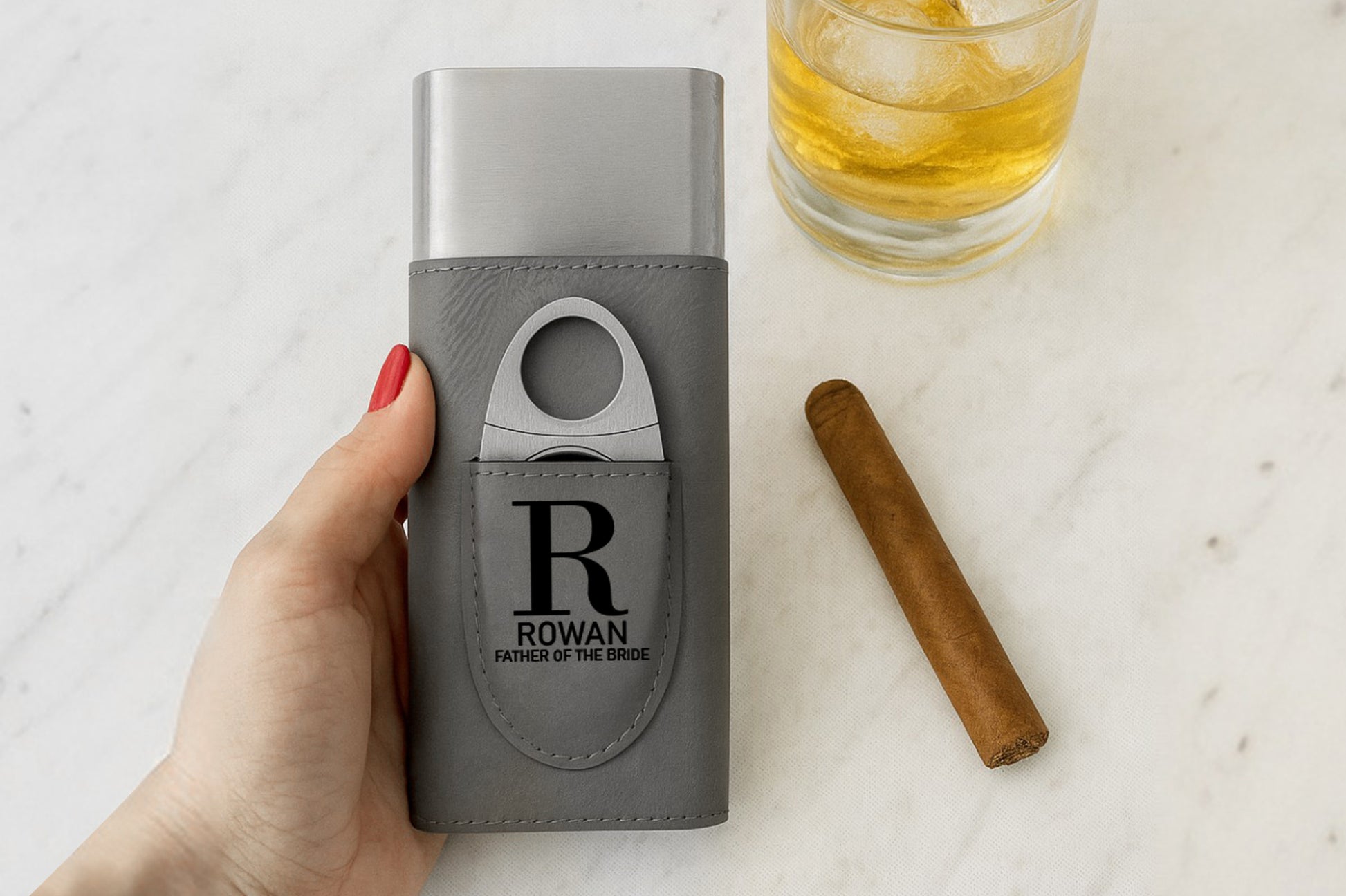 Custom Vegan Leather Cigar Case, Engraved Groomsmen Gift & Cutter