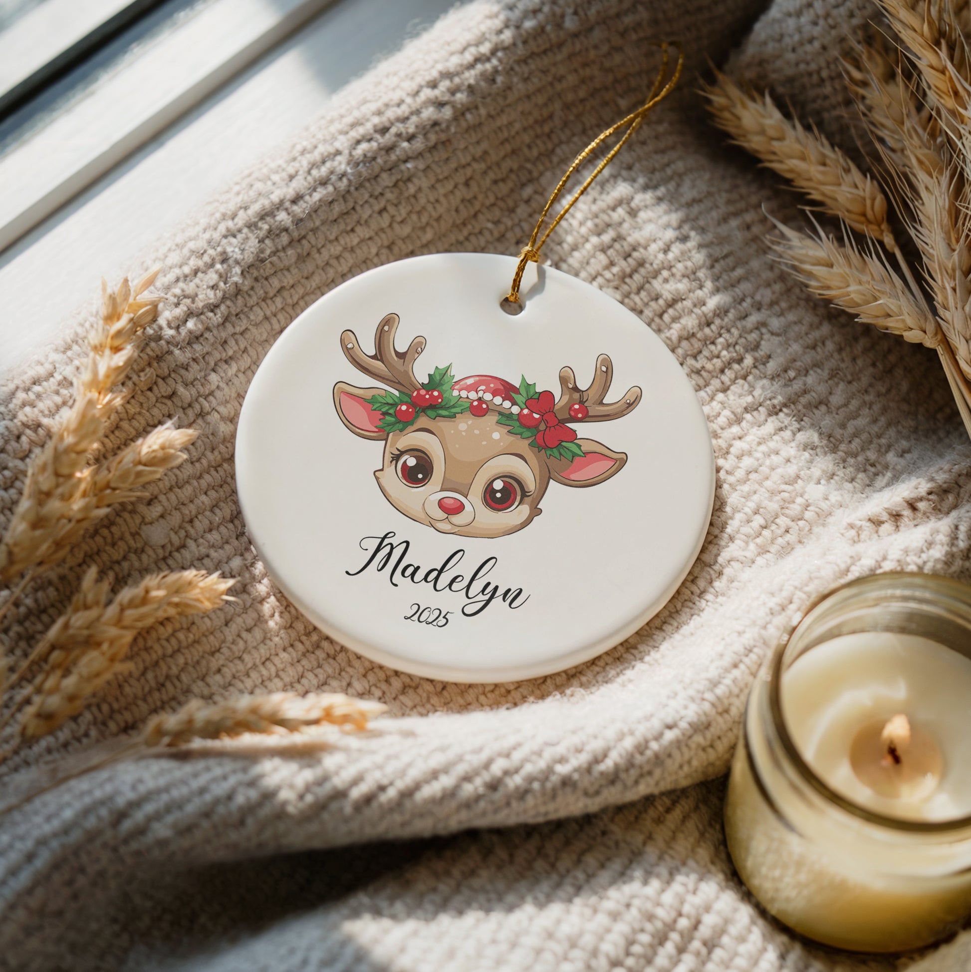 Personalized Reindeer Theme Baby Girl Ornament, Ceramic Keepsake Hanging Decoration