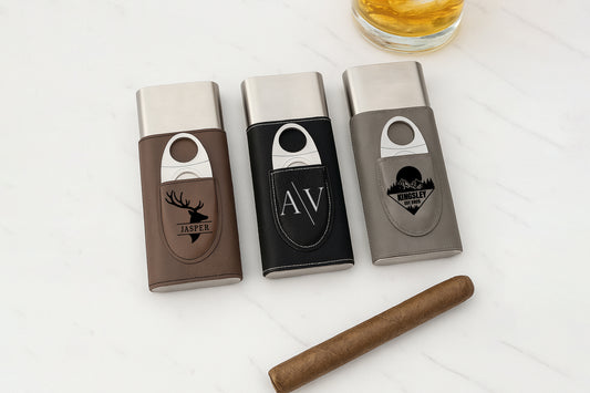 Custom Vegan Leather Cigar Case, Engraved Groomsmen Gift & Cutter