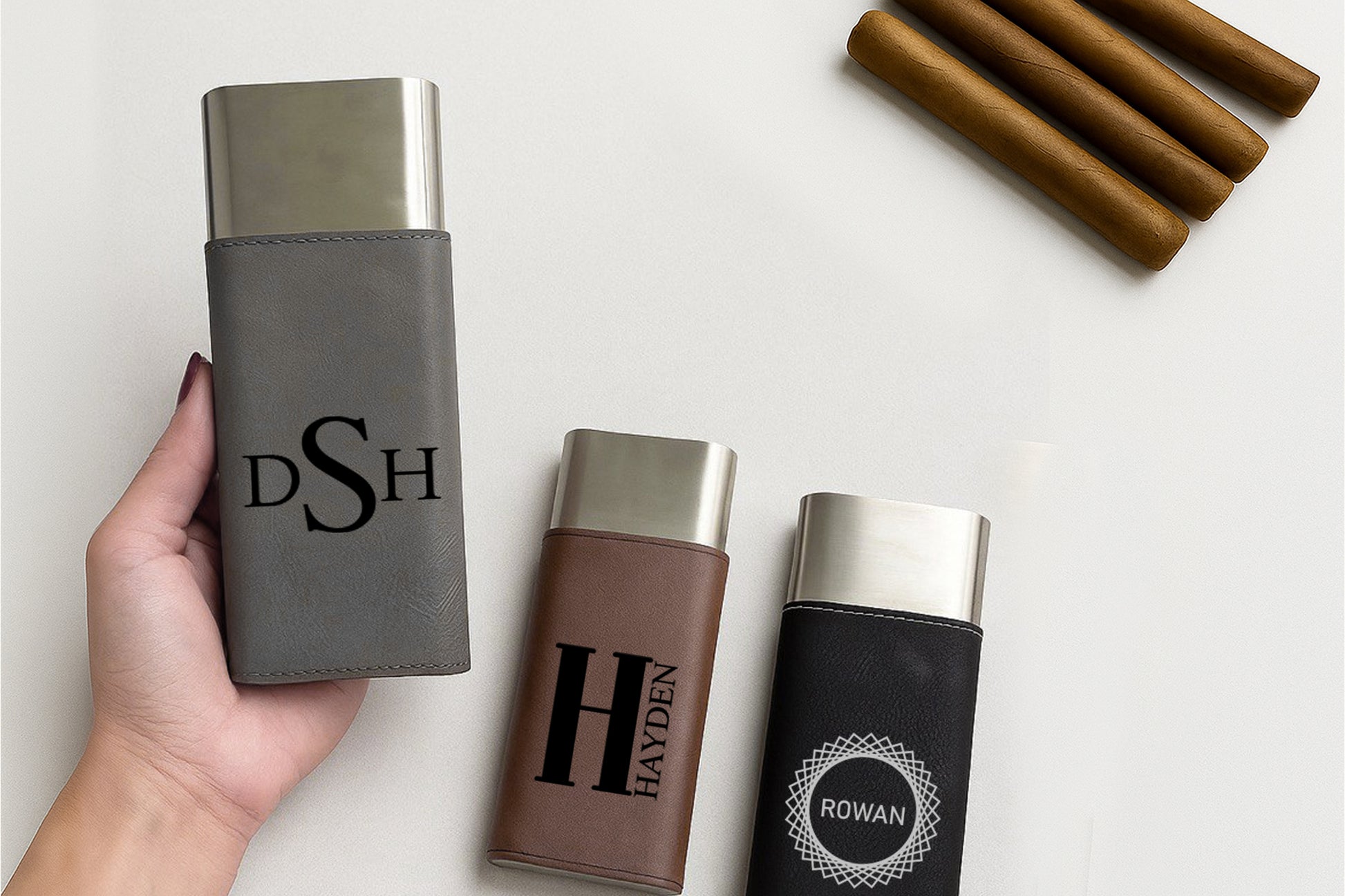 Custom Vegan Leather Cigar Case, Engraved Groomsmen Gift & Cutter