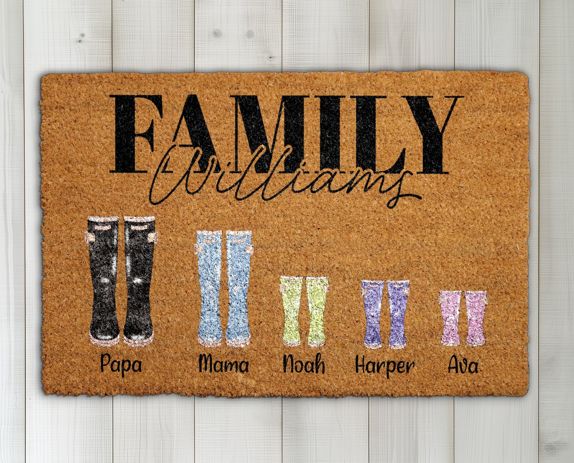 Personalized Family Wellies Doormat, Last Name Welcome Mat, Porch Decor