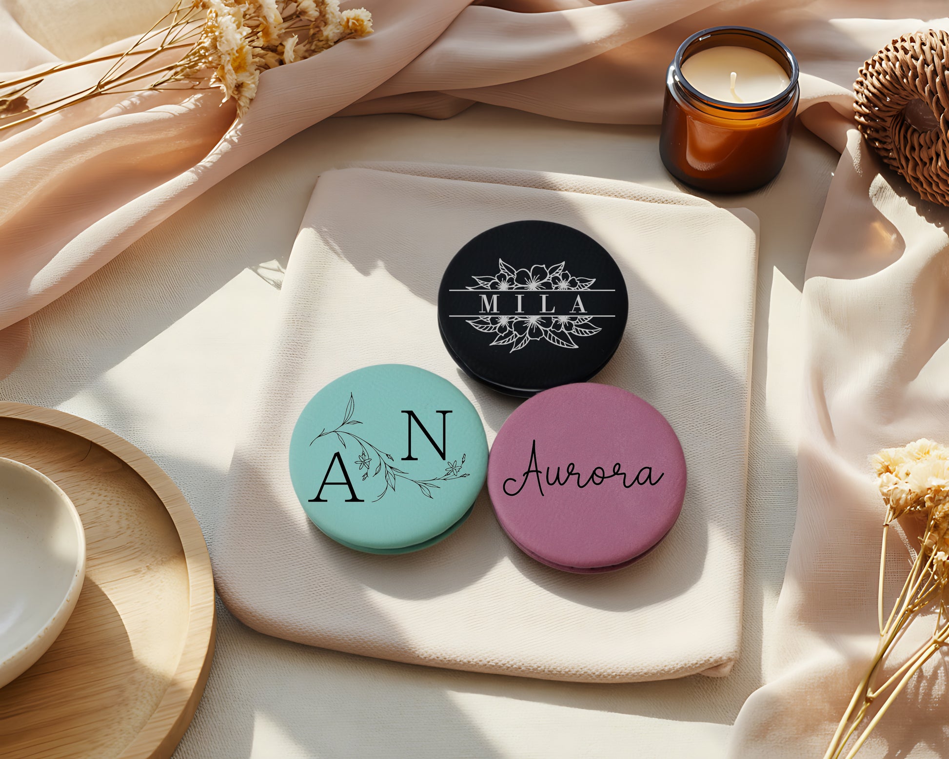 Engrave Your Style: Personalized Leatherette Pocket Mirror, Perfect for Travel
