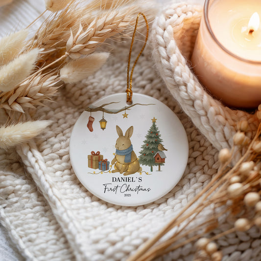 Personalized Baby's First Christmas Ornament, Bunny & Tree Theme.