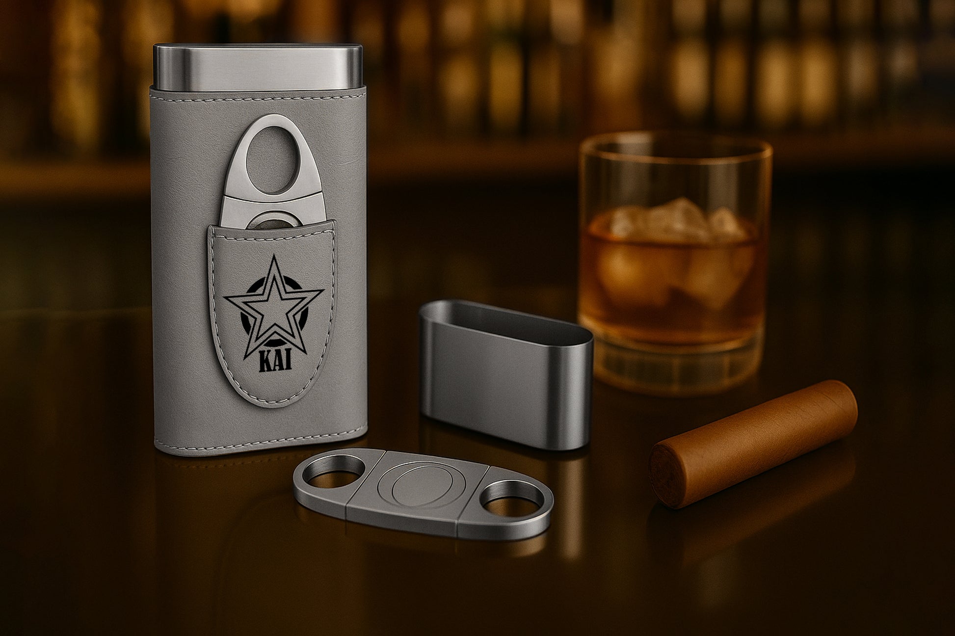Personalized Vegan Leather Cigar Case with Cutter, Engraved Monogram Gift