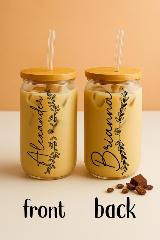 Floral Personalized Name Glass Tumbler, Custom Friends Matching Coffee Cup