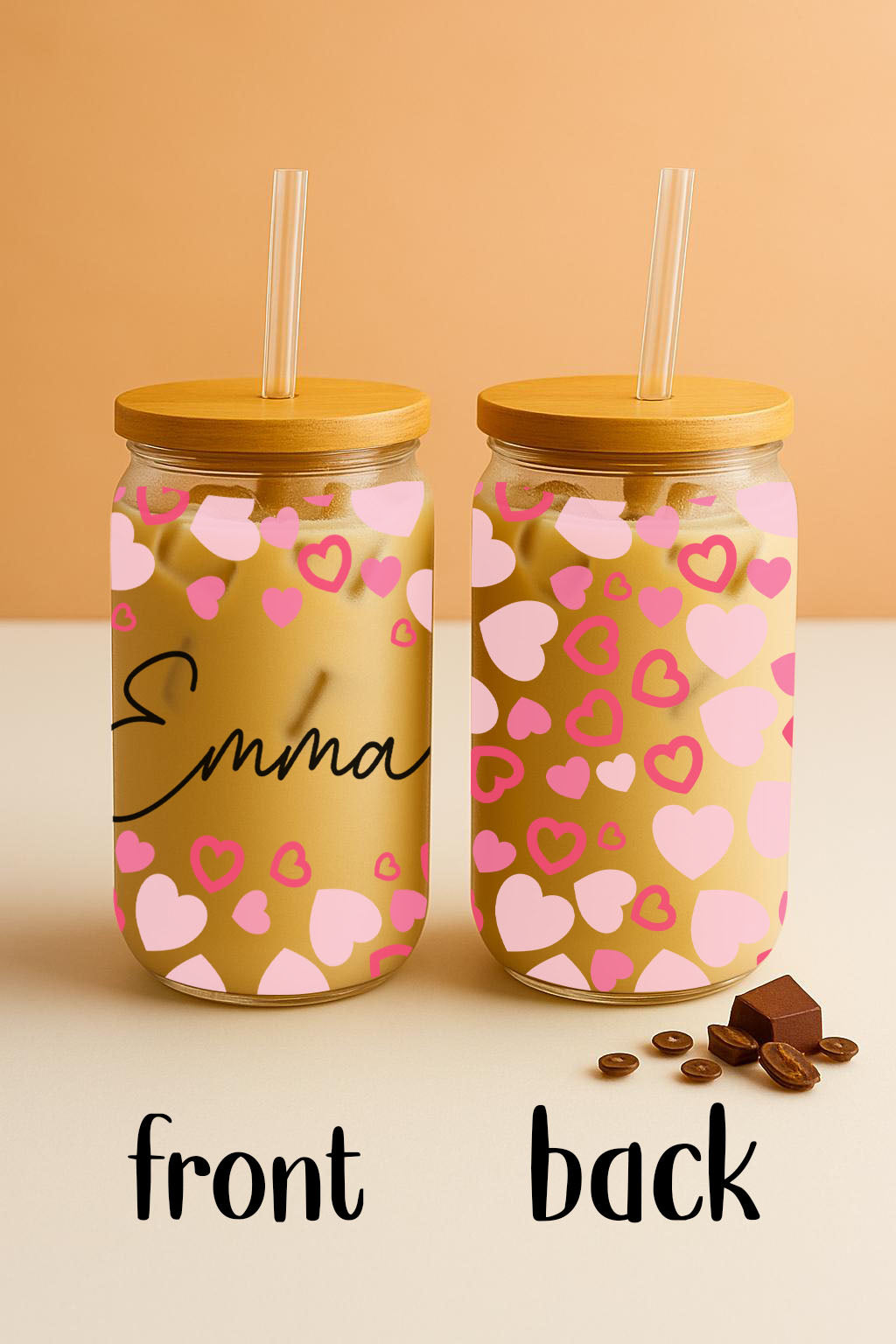 Pink Hearts Glass Tumbler, Personalized Matching Coffee Cups for Valentine's Day
