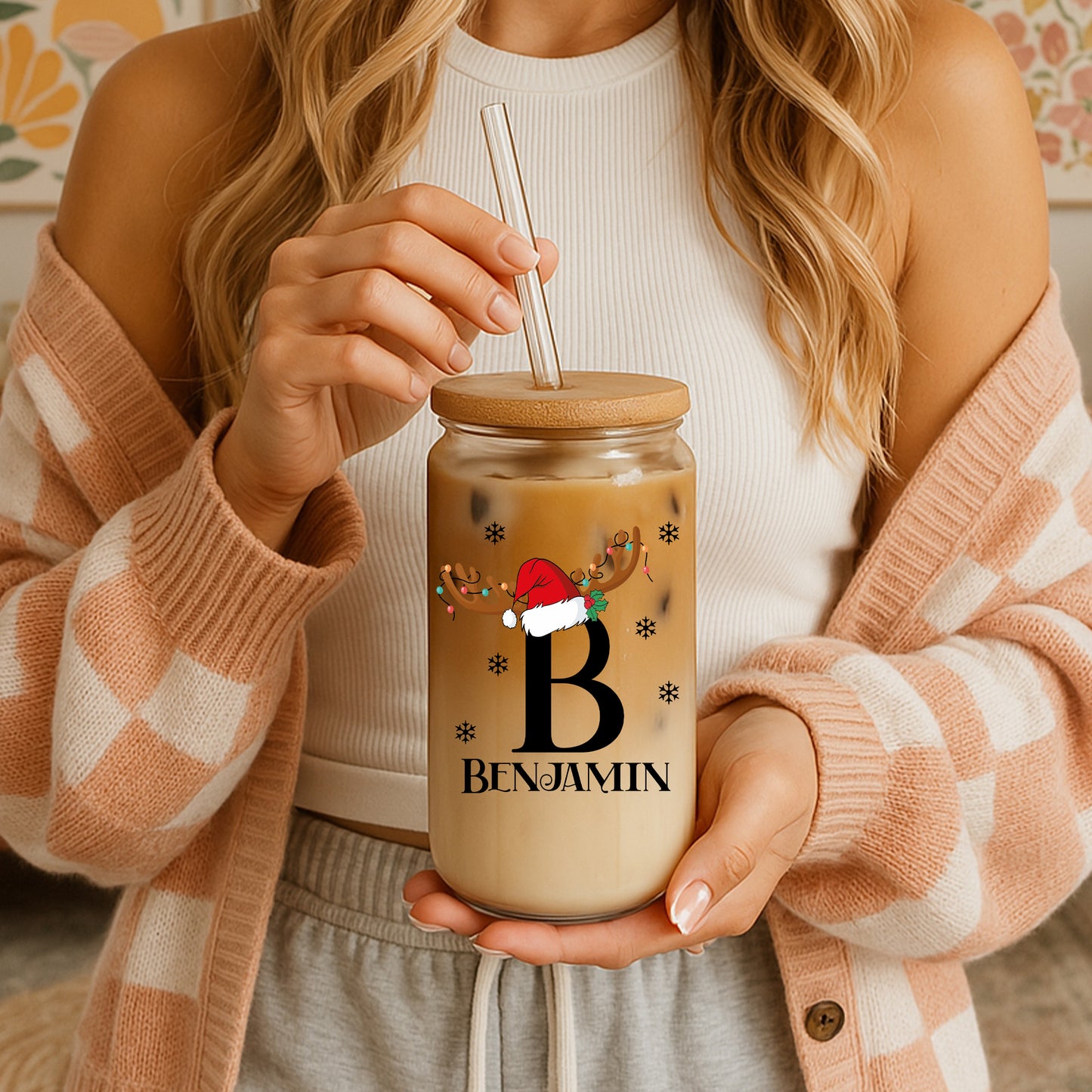 Personalized Santa Hat Can Glass Tumbler, Monogrammed Christmas Coffee Cup