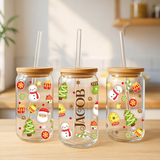 Custom Christmas Icons Tumbler, Festive Holiday Drinkware, Santa Snowman Cup