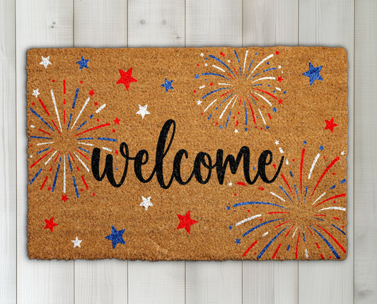 Welcome All with Patriotic Fireworks Doormat, Ideal American Housewarming Gift